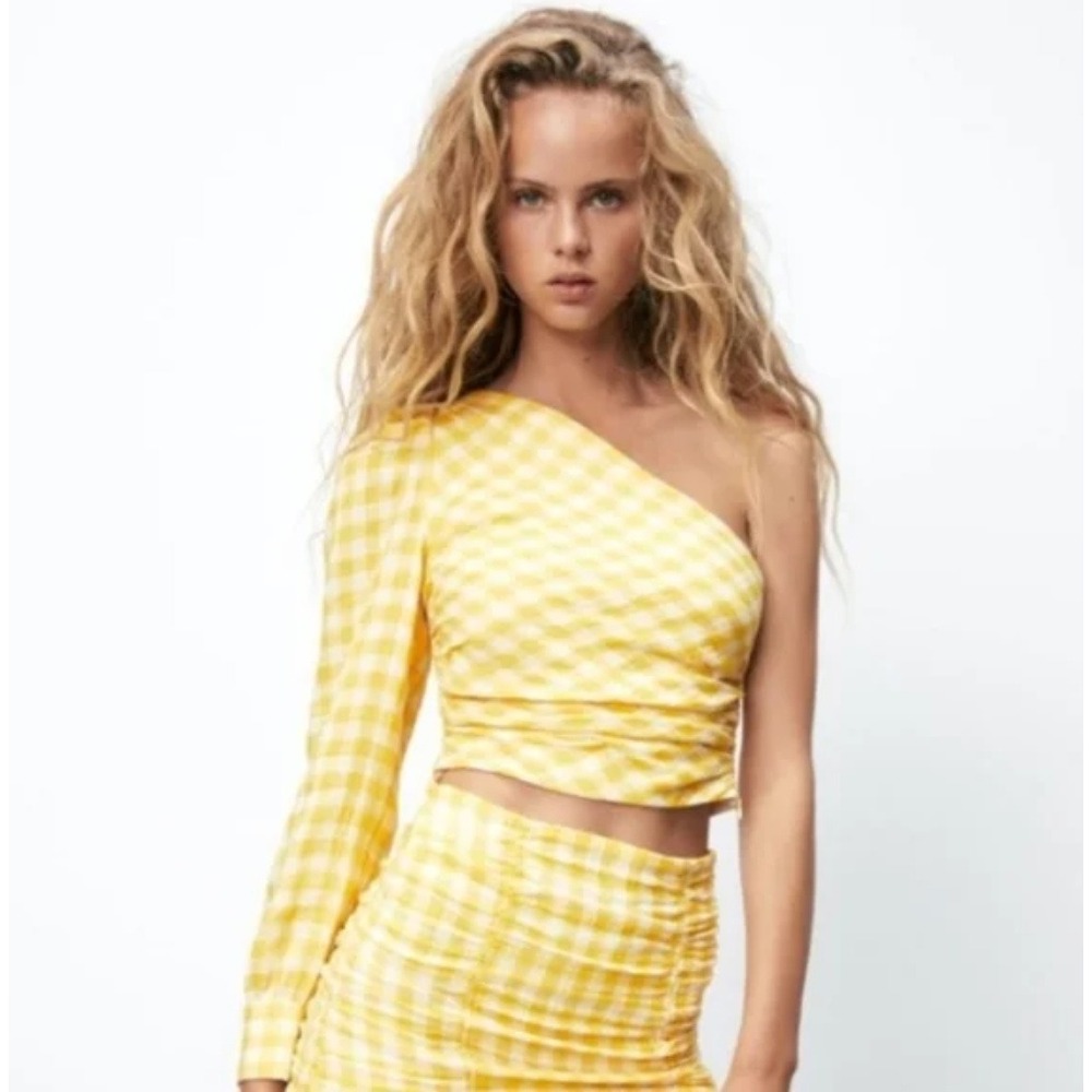 NWT Zara Yellow Gingham One Shoulder Ruched Crop Top  L
